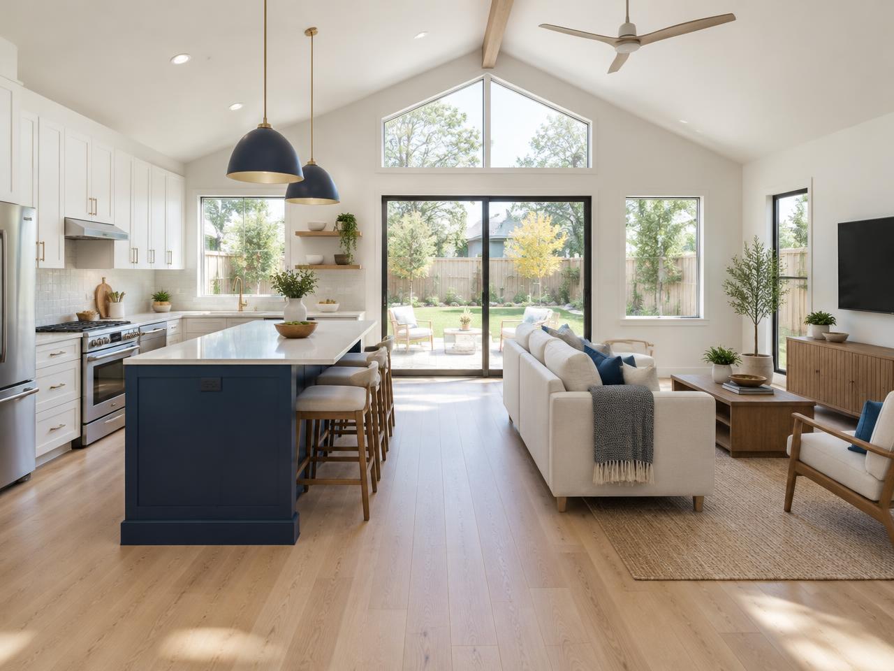 Kitchen and living room inside a custom ADU in Northern California