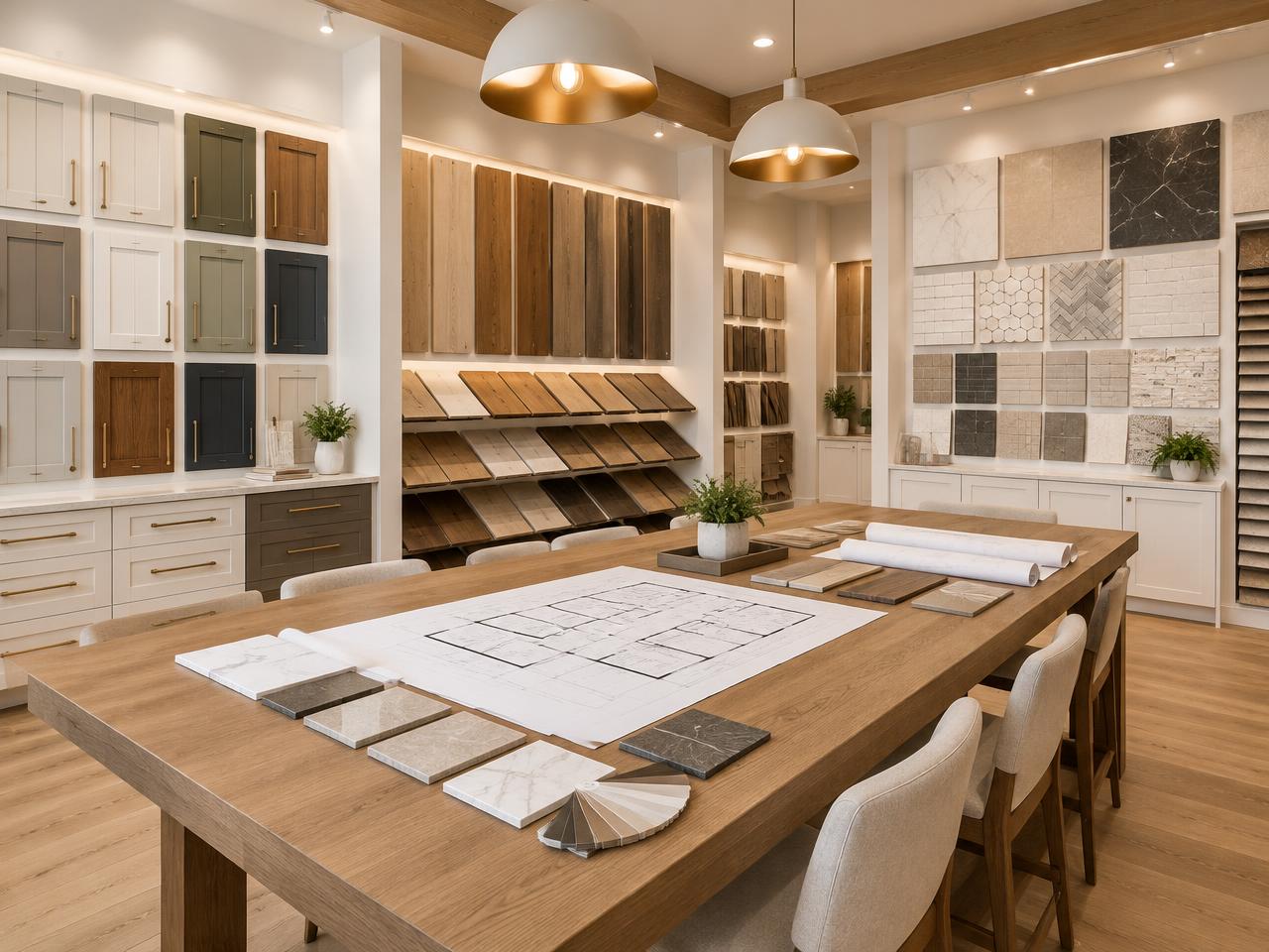 ADU Design Center showroom with finish samples and floor plans